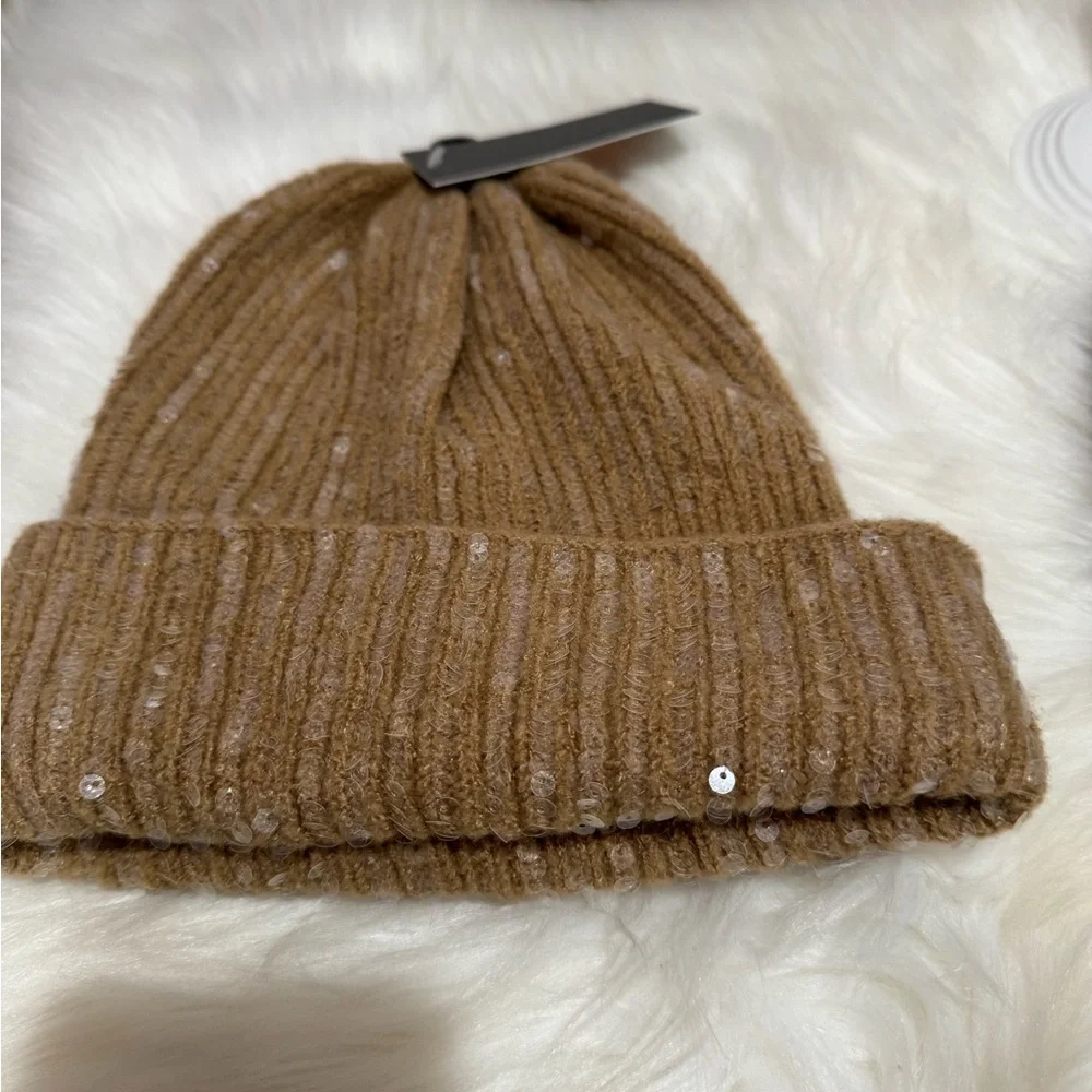 Tan Ribbed Knit Beanie with Sequins